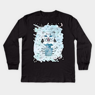 Emotional cat. Blue Kids Long Sleeve T-Shirt